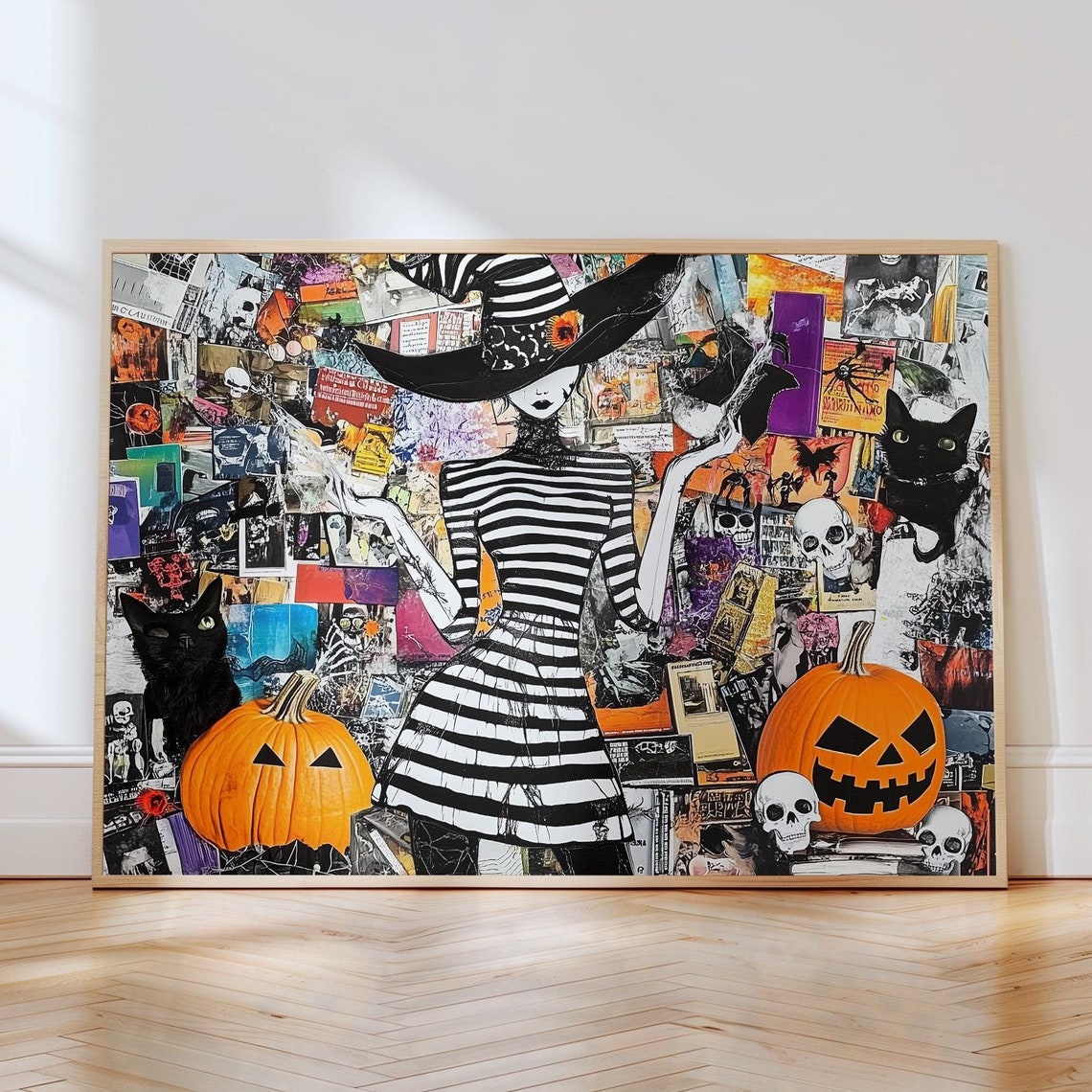 Striped Witch Halloween Collage With Black Cats Pumpkins Poster