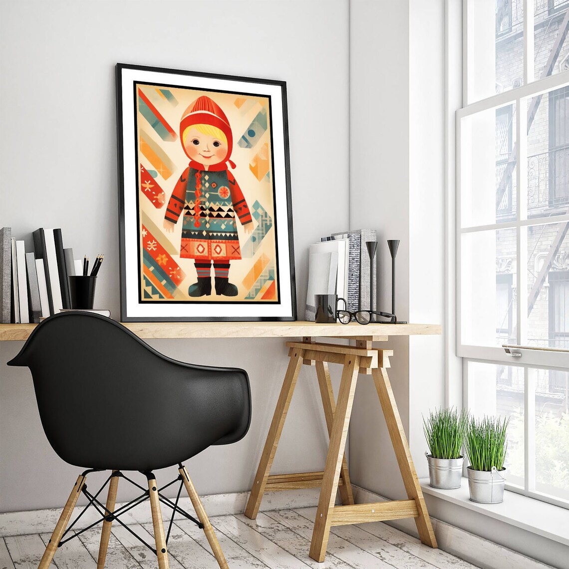 Retro Folk Girl Traditional Dress Colorful Geometric Nursery Print - Image 3