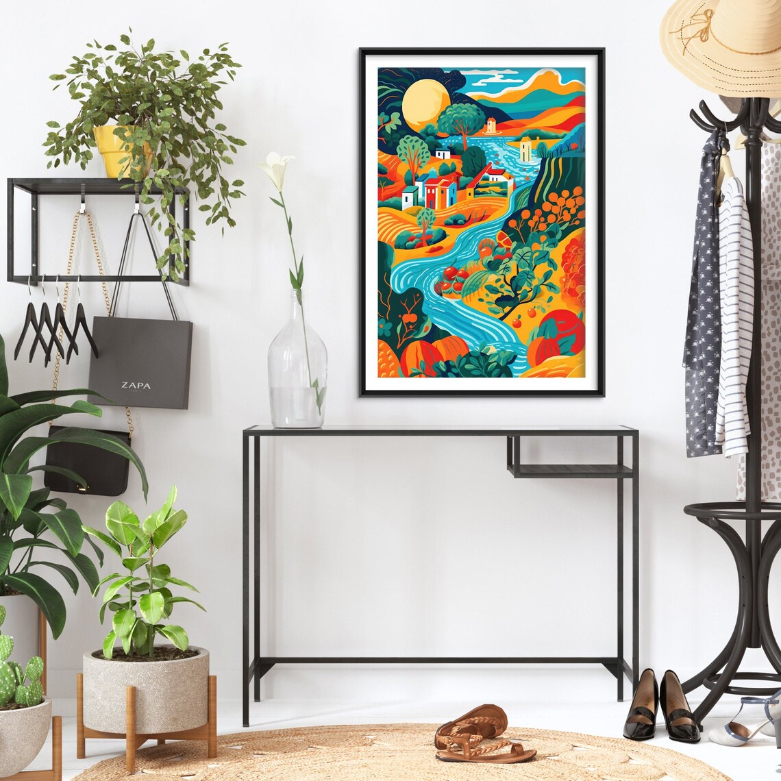 Colorful Italy Countryside Village River Sun Folk Landscape Poster - Image 2