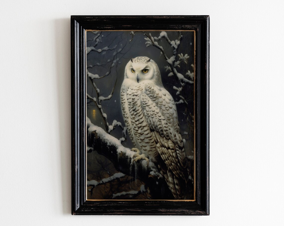 Snowy Owl in Snowy Woods Winter Night Vintage Painting Poster