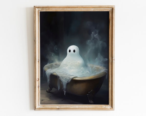 Cute Ghost Taking A Bath Halloween Print Spooky Wall Art Halloween Wall Art Moody Wall Art Ghost Wall Art