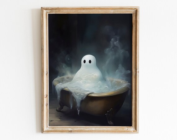 Cute Ghost Taking a Bubble Bath in Vintage Tub Halloween Poster