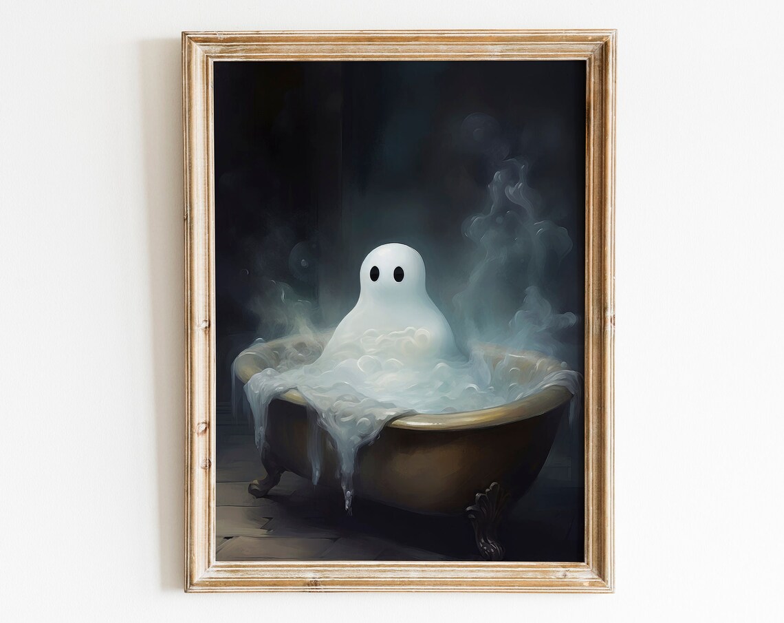 Cute Ghost Taking a Bubble Bath in Vintage Tub Halloween Poster