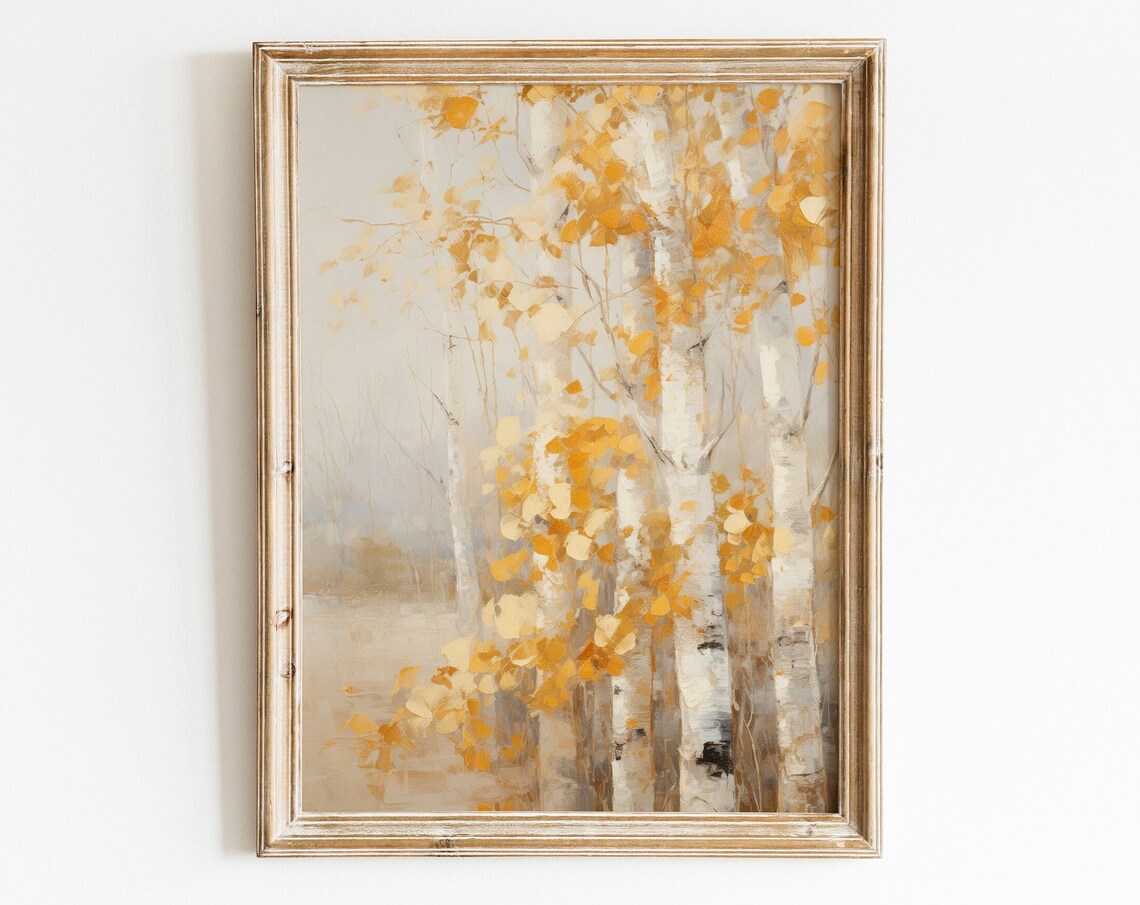 Tall Golden Birch Trees With Autumn Leaves Muted Nature Poster