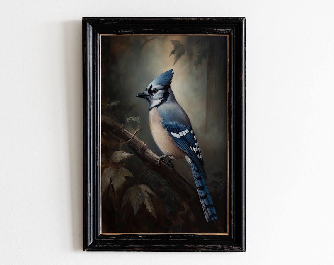 Vintage Blue Jay Oil Painting Moody Perched Bird Portrait Art Print