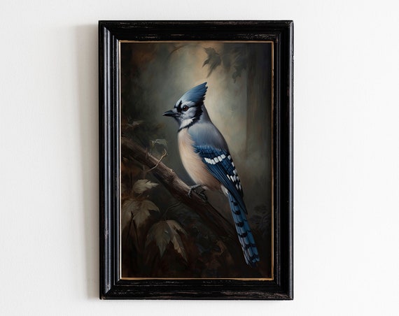 Vintage Blue Jay Bird Print Antique Bird Wall Art Moody Vintage Decor Living Room Art Oil Painting