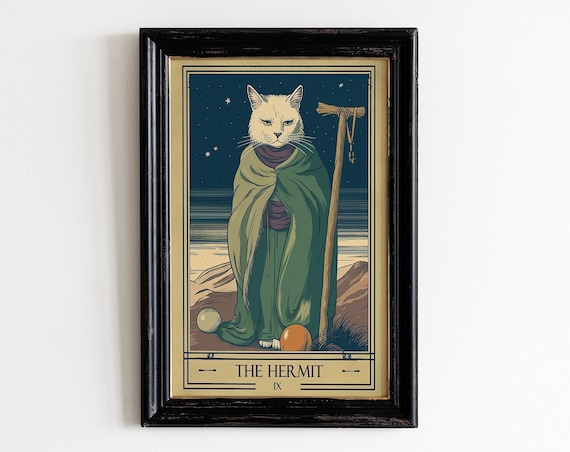 The Hermit Tarot Card Cat Boho Witchy Vintage Night Sea Art Poster