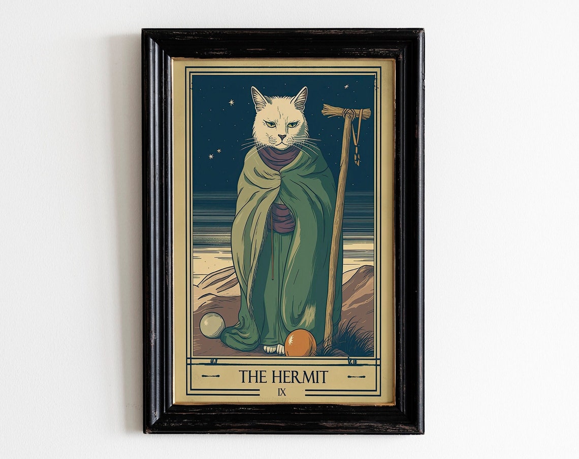 The Hermit Tarot Card Cat Boho Witchy Vintage Night Sea Art Poster
