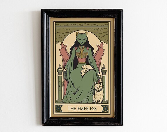 The Empress Tarot Card Green Cat Witchy Boho Vintage Art Poster