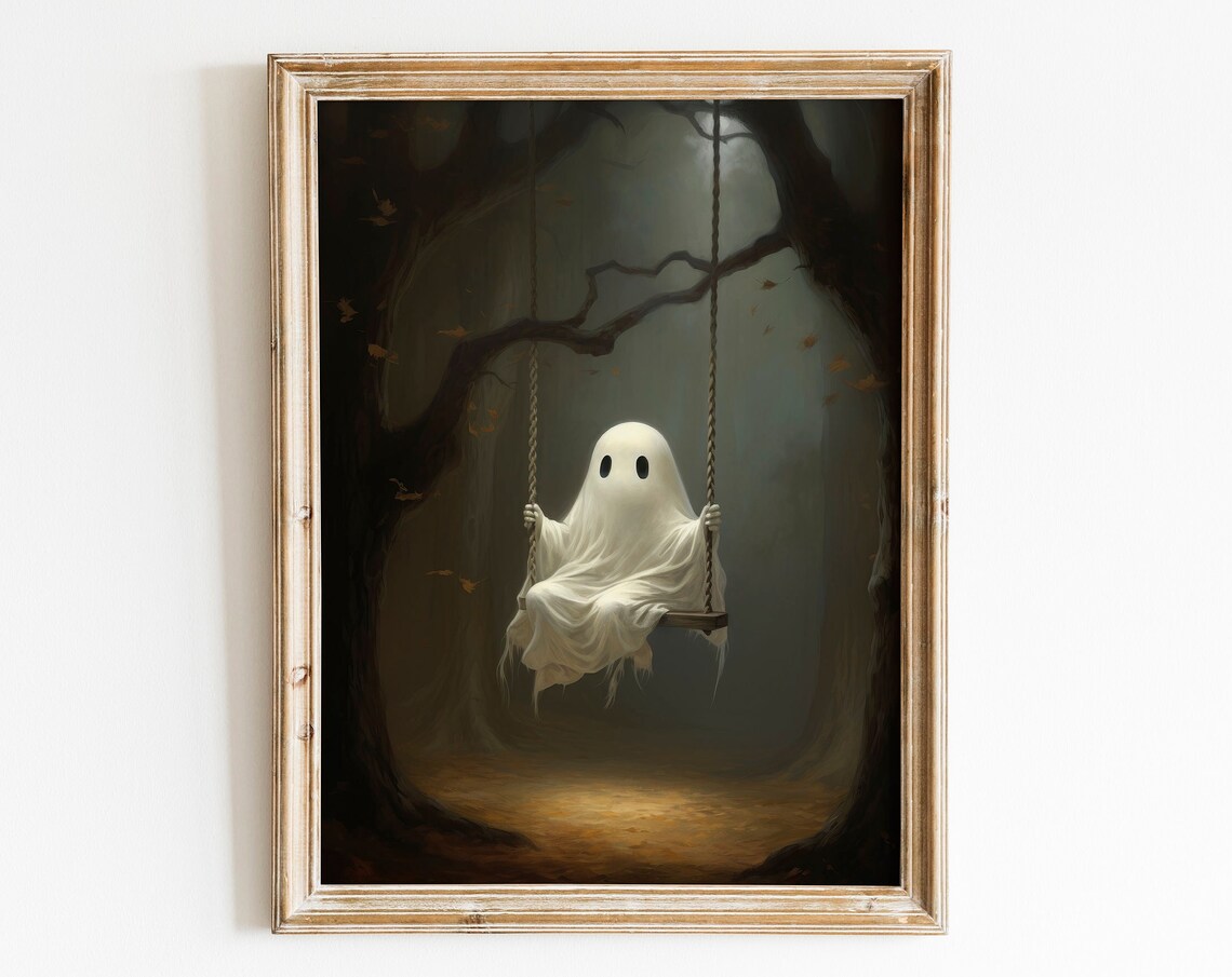 Cute Ghost on Swing in Haunted Autumn Forest Halloween Poster