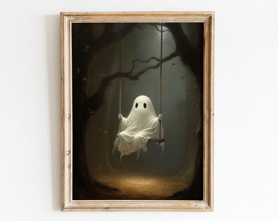 Cute Ghost On A Swing Halloween Print Spooky Wall Art Halloween Wall Art Moody Wall Art Ghost Wall Art