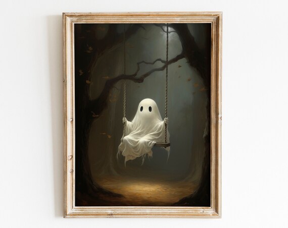 Cute Ghost on Swing in Haunted Autumn Forest Halloween Poster