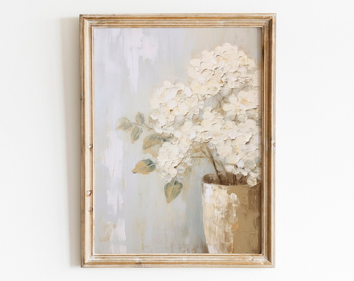 White Hydrangeas Vase Muted Vintage Floral Farmhouse Art Print