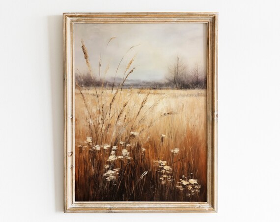 Golden Wheat Field With White Wildflowers Muted Rustic Poster