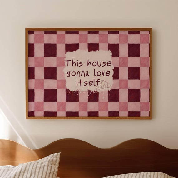 Babysteps Olivia Dean Lyrics Pink Ruby Quote Print Horizontal Above Bed Wall Art Hand Drawn Retro Mid Century Checkered Typography Poster