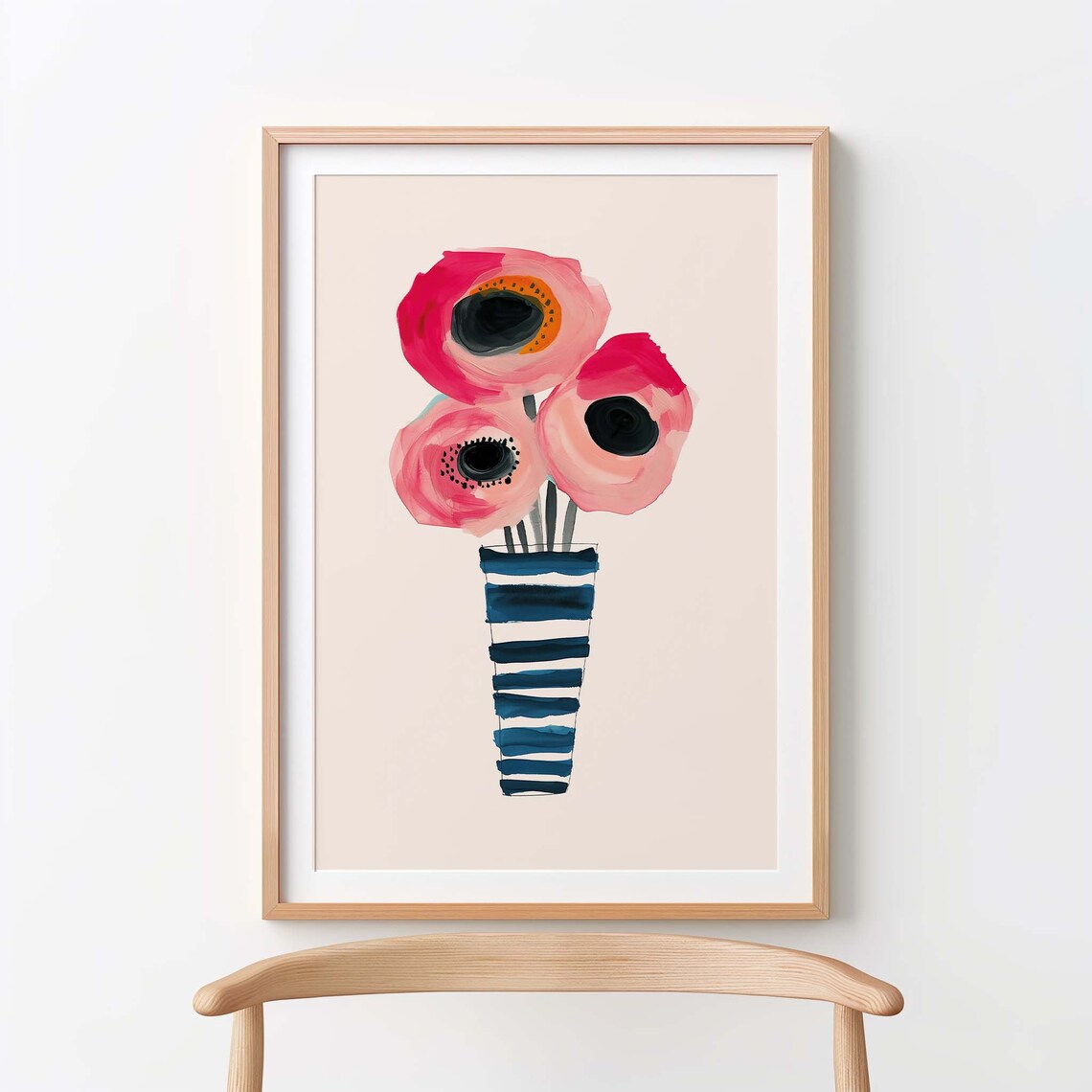Pink Poppies Navy Striped Vase Botanical Floral Still Life Art Poster - Image 2