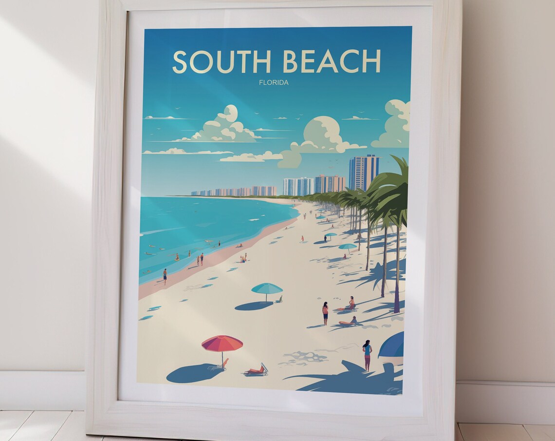 South Beach Florida Skyline Umbrellas Seaside Travel Art Poster - Image 2