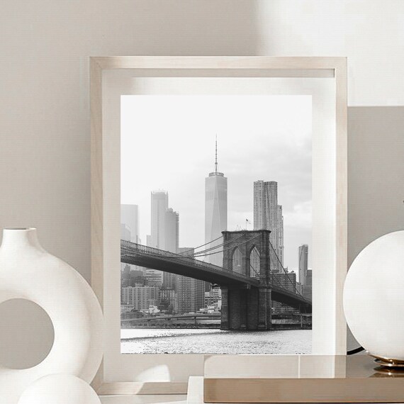New York Brooklyn Bridge One World Trade Center Black White Poster
