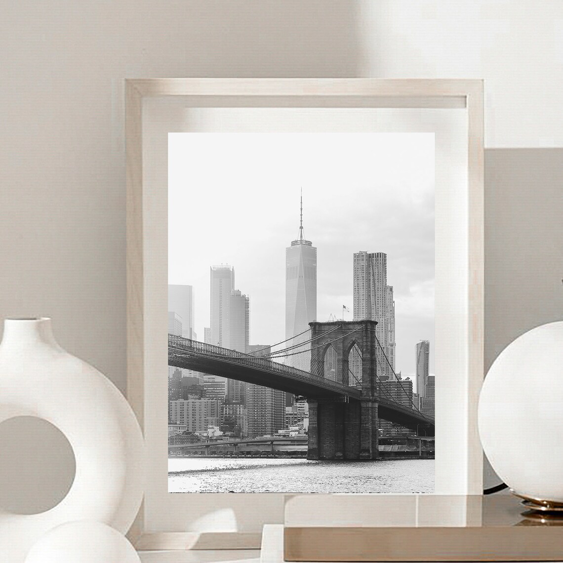 New York Brooklyn Bridge One World Trade Center Black White Poster