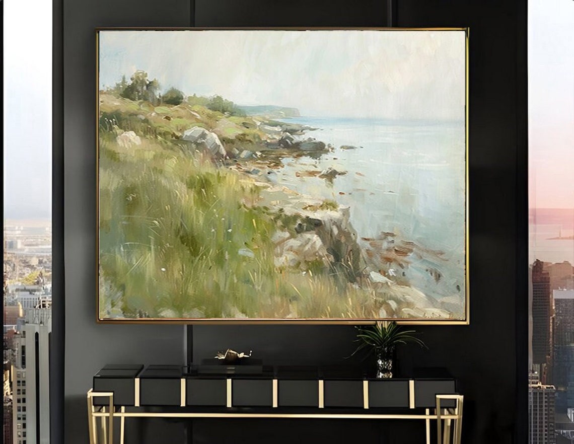 Grassy Coastal Bluff Overlooking Calm Ocean Vintage Seaside Poster