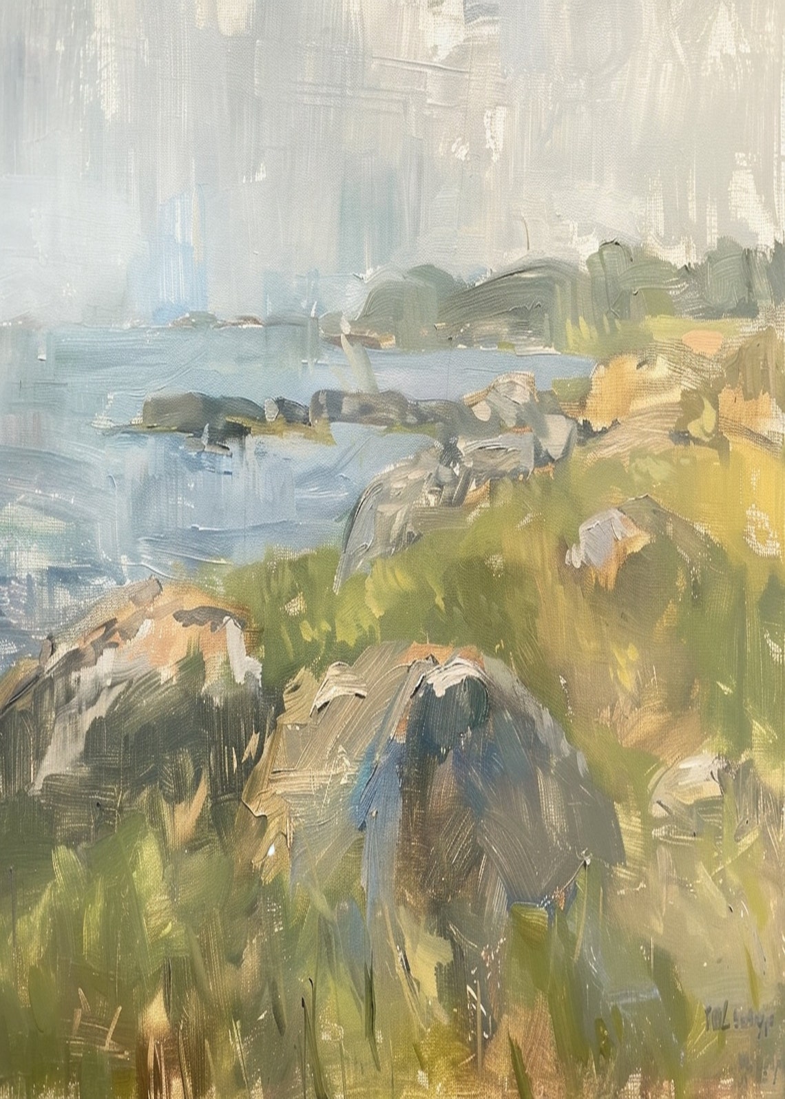 Rocky Coastal Cliffs Green Hillside Calm Sea Vintage Landscape Poster - Image 3
