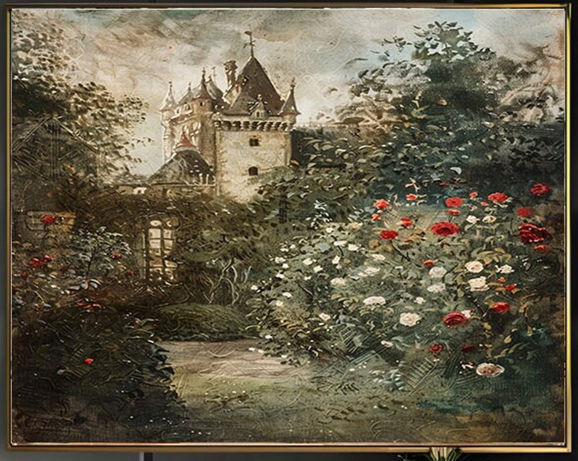 Stone Castle With Pointed Spires Garden Path Rose Bushes Poster - Image 2