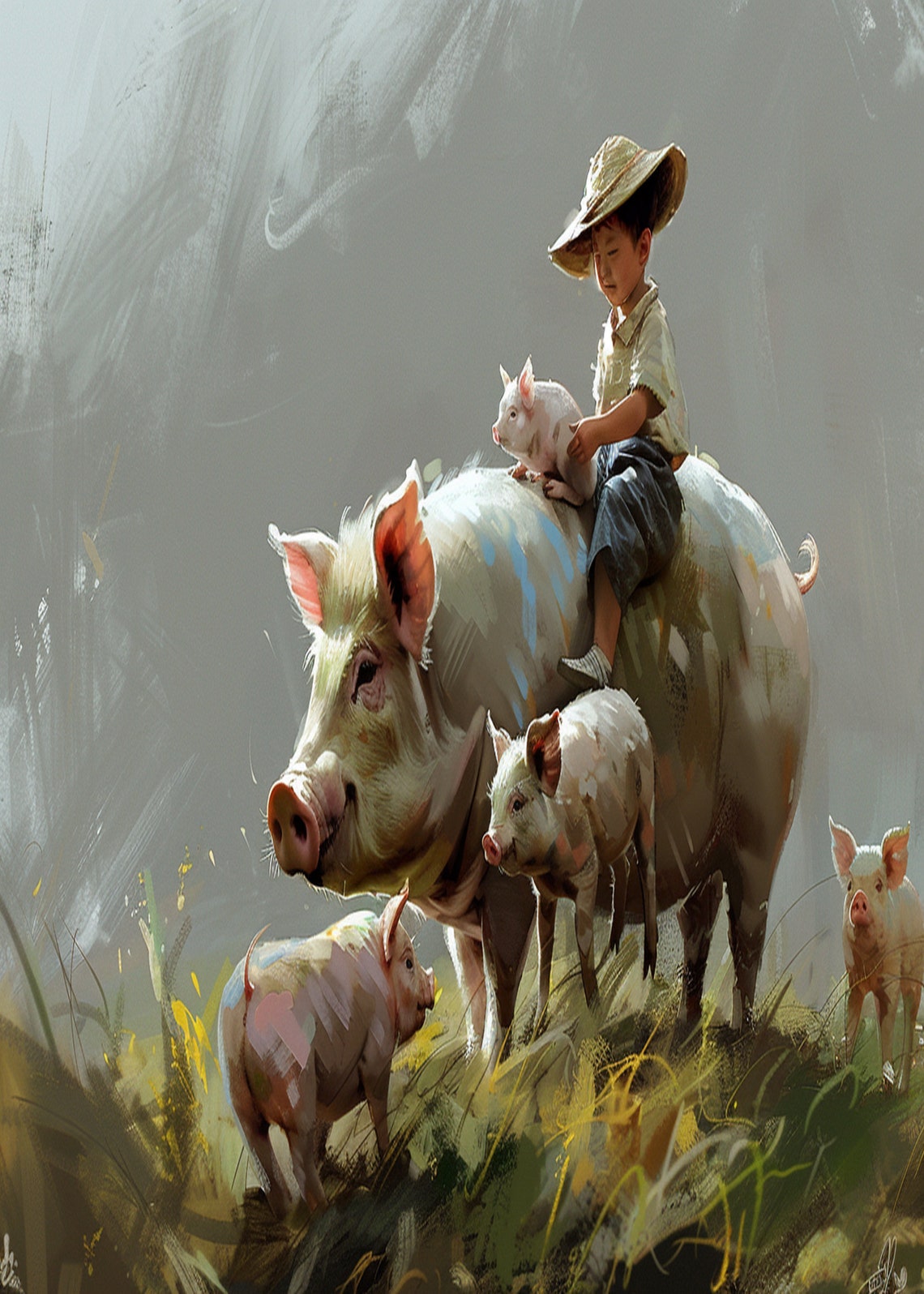 Boy in Straw Hat Riding a Big Pig with Piglets Painting Poster - Image 3