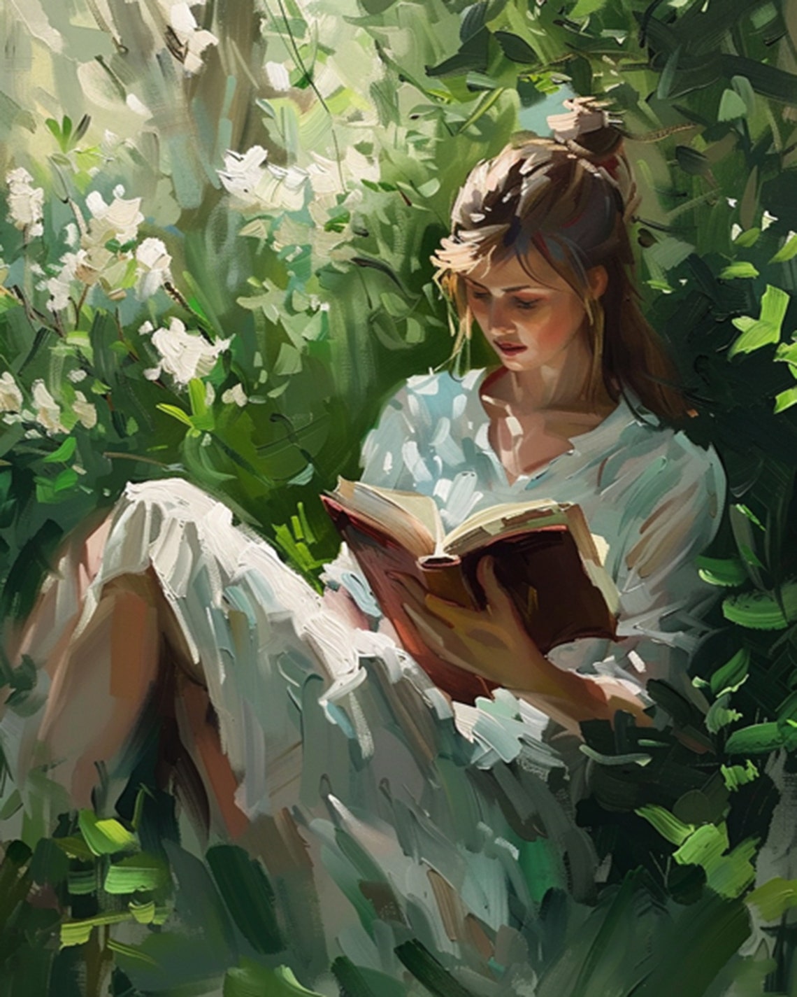 Woman Reading Among White Blossoms Vintage Oil Painting Poster - Image 3