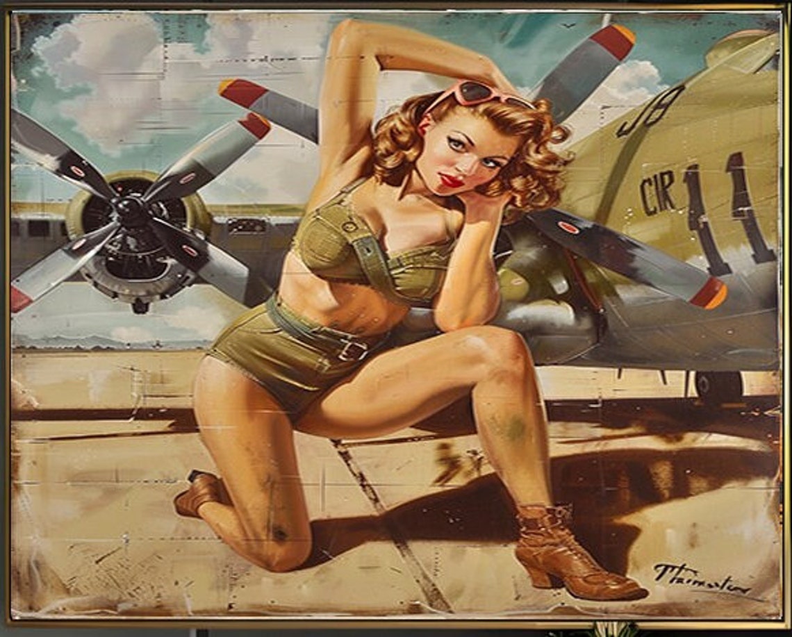 Pinup Girl in Khaki Shorts Kneeling by a Military Plane Poster - Image 2