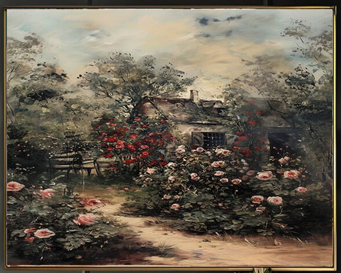 Cottage Garden Path With Pink Roses Blue Shutters Rustic Art Poster - Image 2