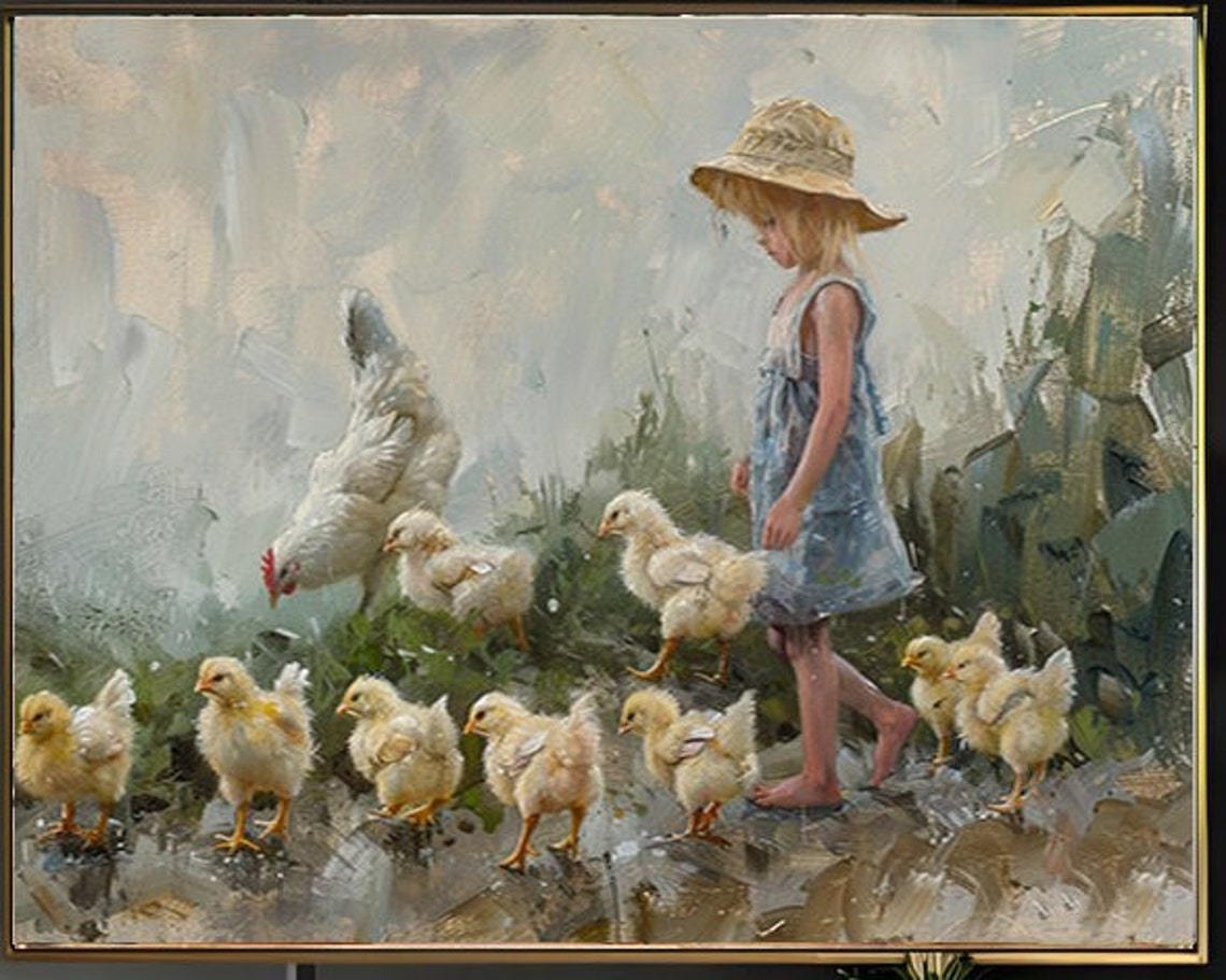 Barefoot Girl with a Hen and Baby Chicks in Rain Painting Poster - Image 2