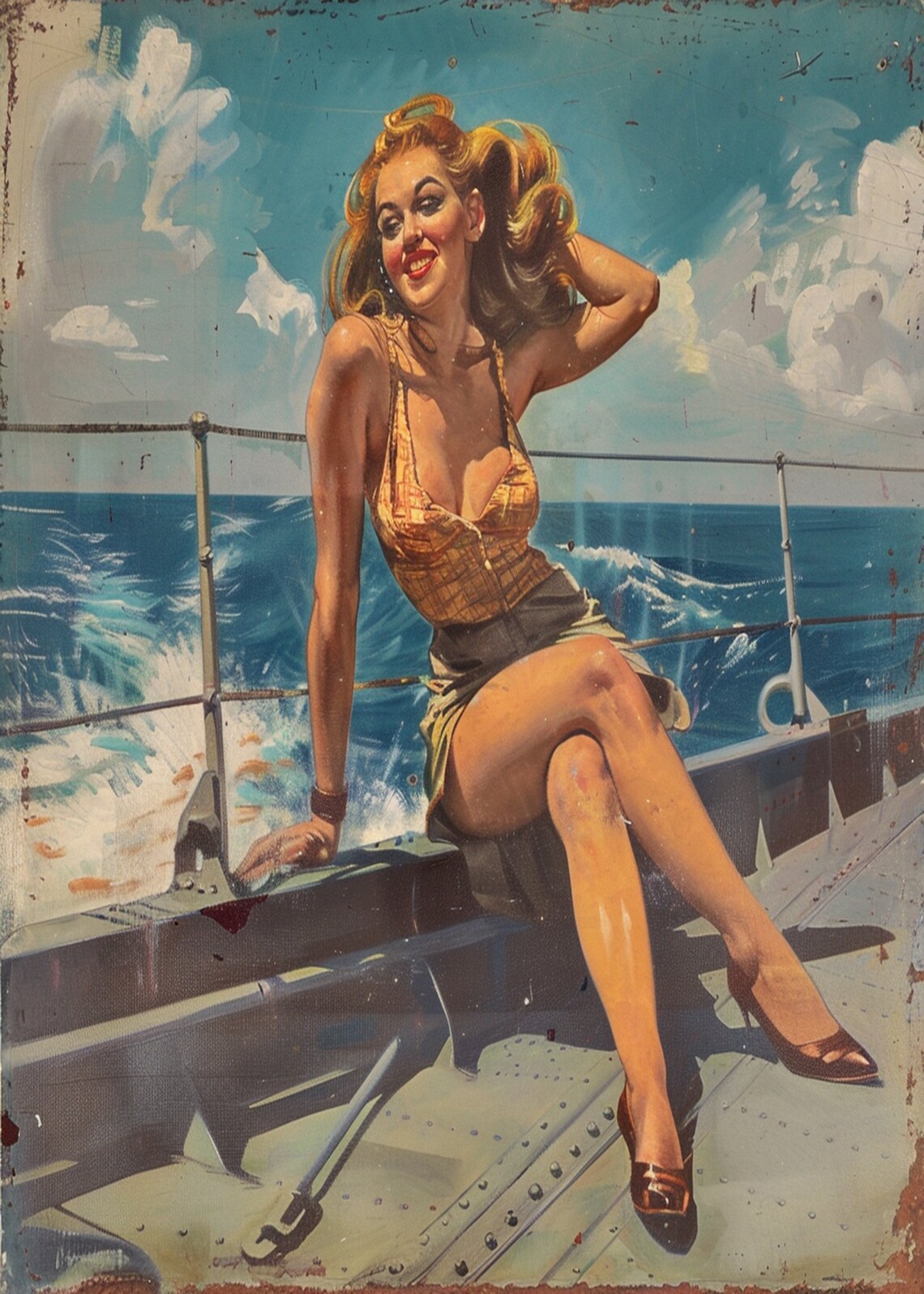 Blonde Pinup Girl Lounging on a Ship Railing Vintage Style Poster - Image 3
