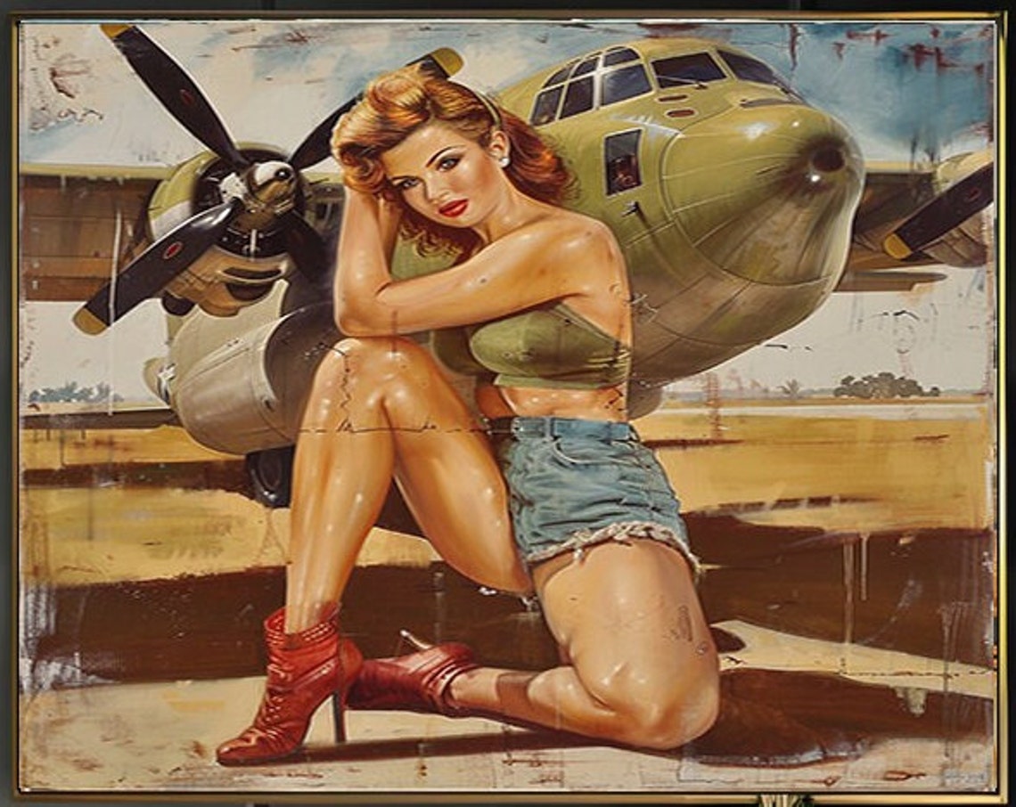 1950s Pinup Girl Vintage Painting Pin Up Girl Art Print Military Pinup Poster Art L Oil Panting L 5 Sizes Available L 005