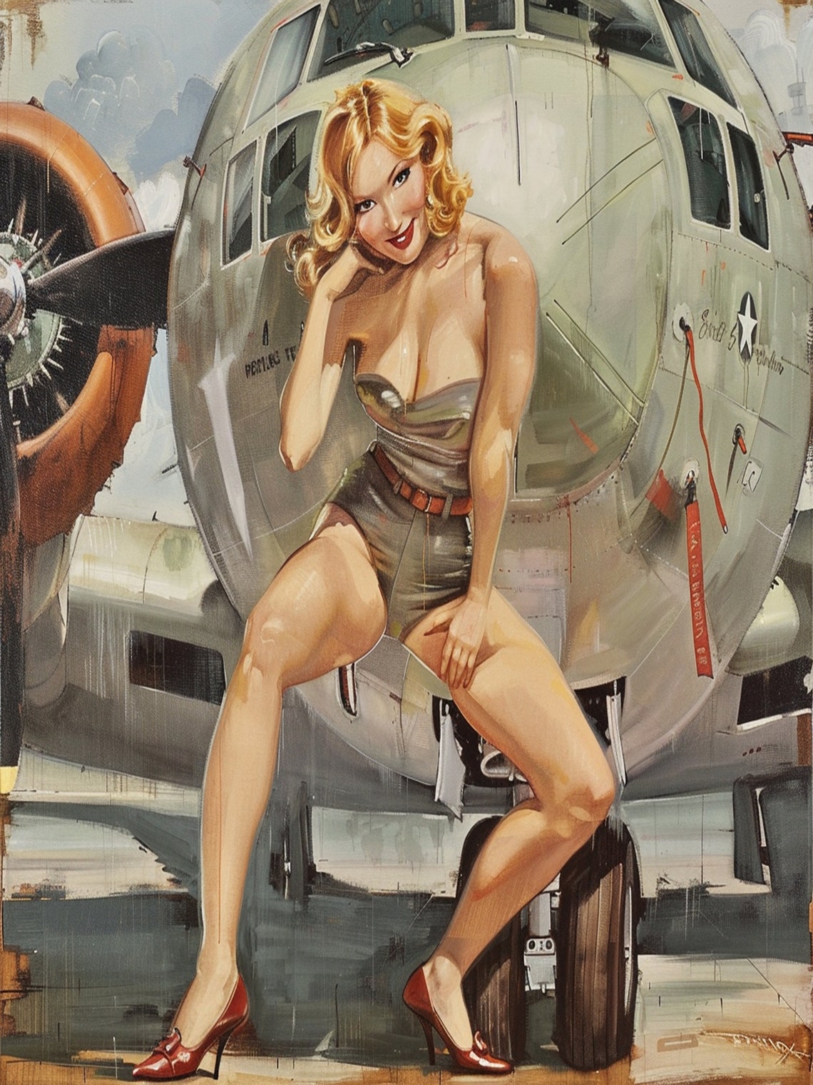 1950s Pinup Girl Vintage Painting Pin Up Girl Art Print Military Pinup Poster Art L Oil Panting L 5 Sizes Available L 010 - Image 3