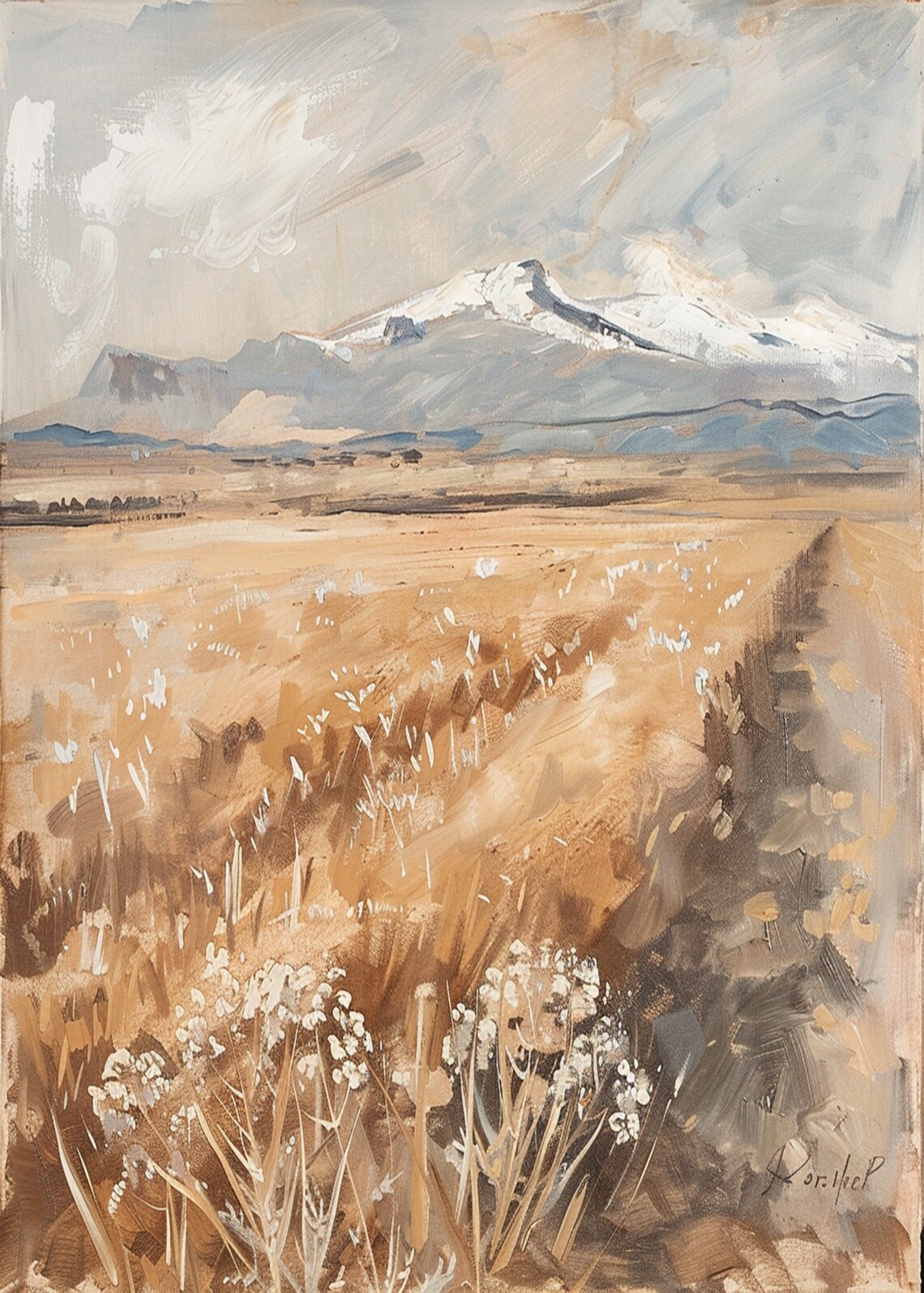 Golden Wheat Field Wildflowers Snowcapped Mountains Landscape Poster - Image 3