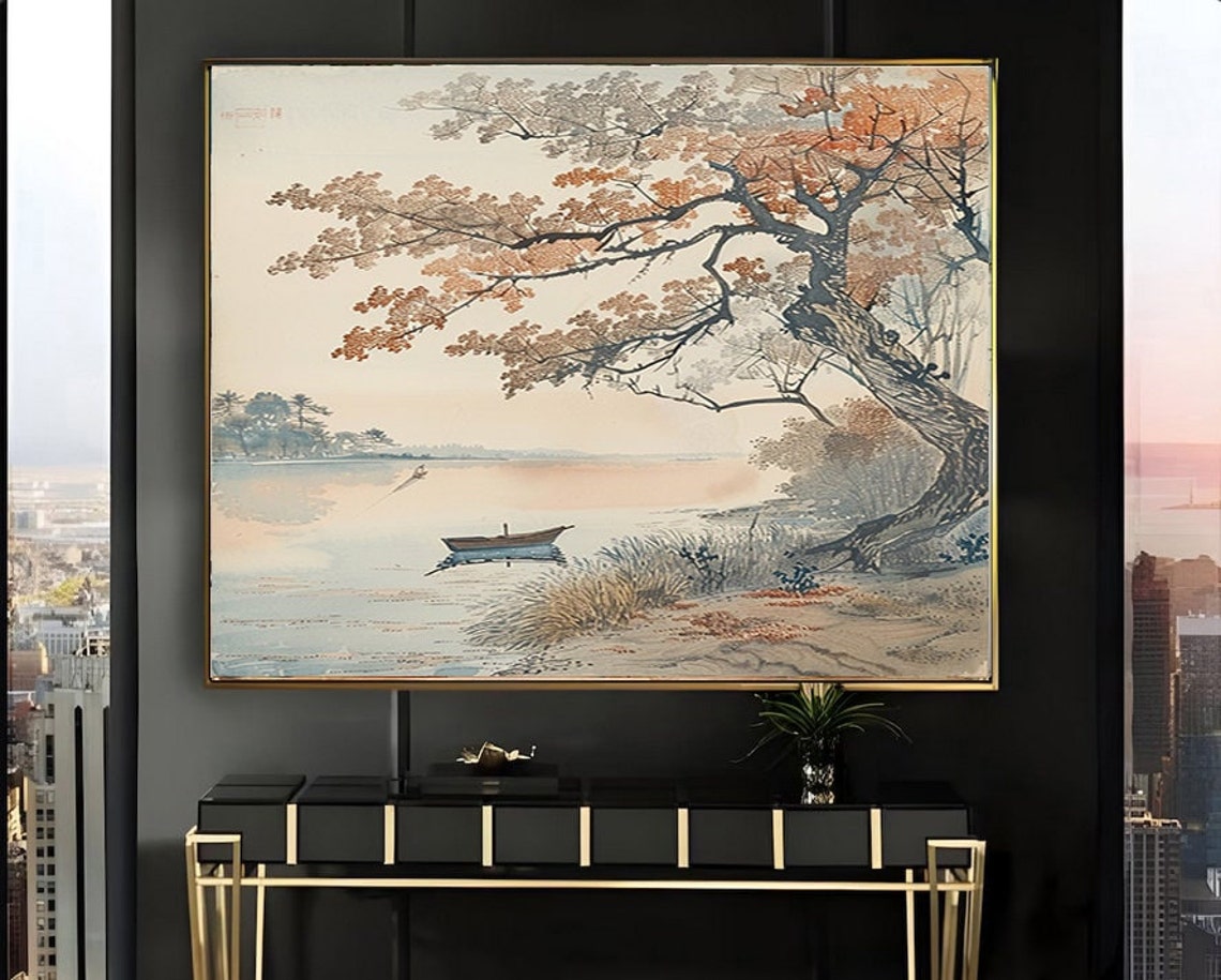 Japanese Style Autumn Tree Scene over the Lake with Boat Print