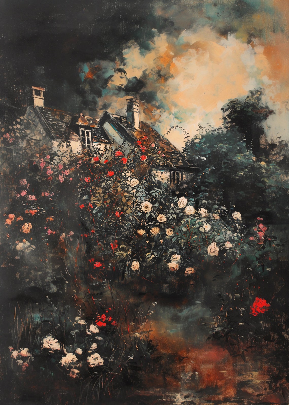 Dark Stormy Sky Over Rose Garden Cottage Dramatic Moody Art Poster - Image 3