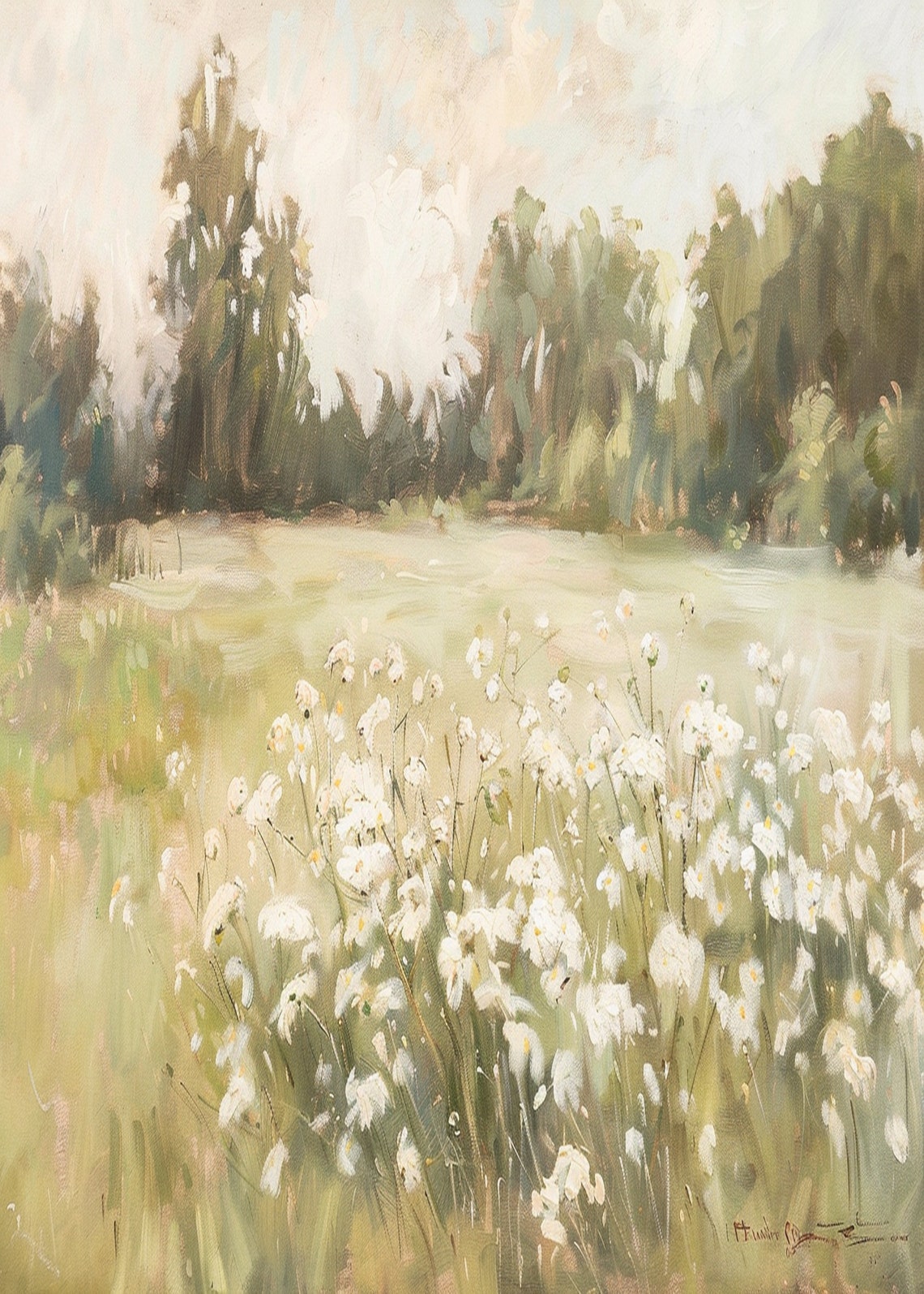 White Wildflower Meadow with Tall Trees Pastoral Painting Poster - Image 3