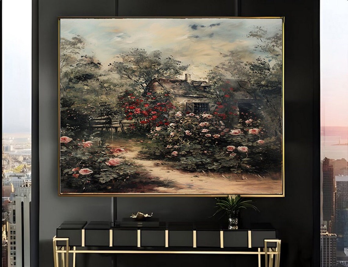 Cottage Garden Path With Pink Roses Blue Shutters Rustic Art Poster