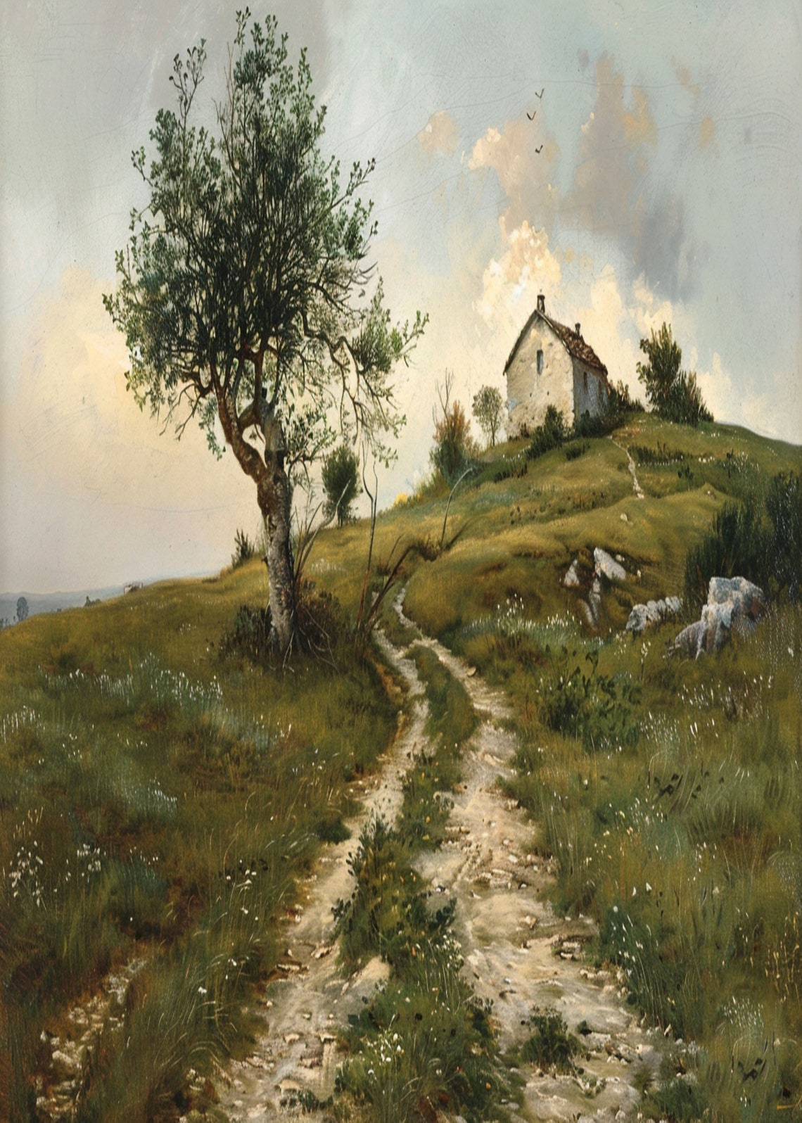 Hilltop Cottage Winding Dirt Path Lone Tree Grazing Sheep Poster - Image 3