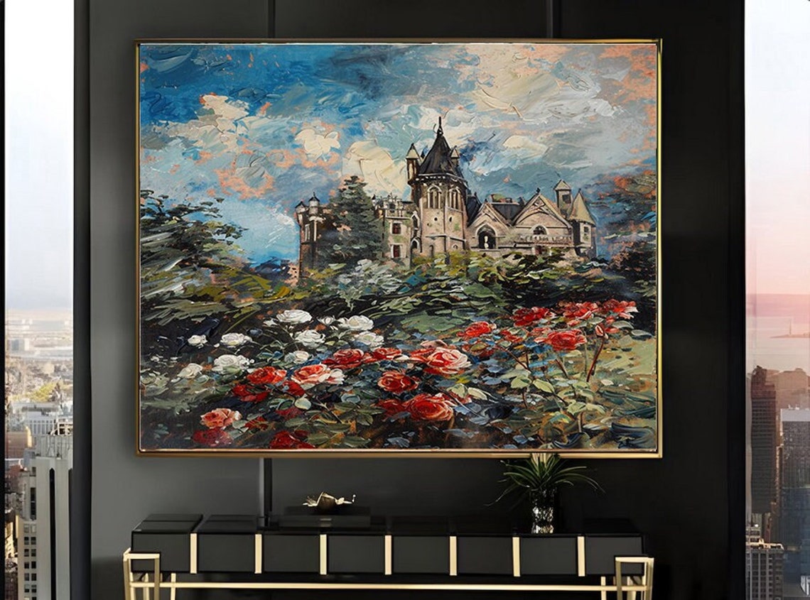 Gothic Castle Tower Rising Over Red White Rose Garden Art Poster