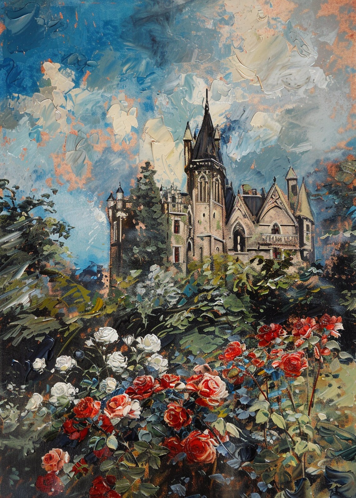 Gothic Castle Tower Rising Over Red White Rose Garden Art Poster - Image 3