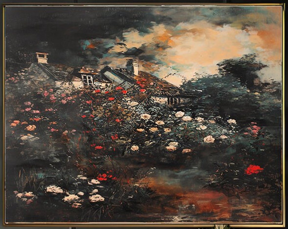 Dark Stormy Sky Over Rose Garden Cottage Dramatic Moody Art Poster - Image 2