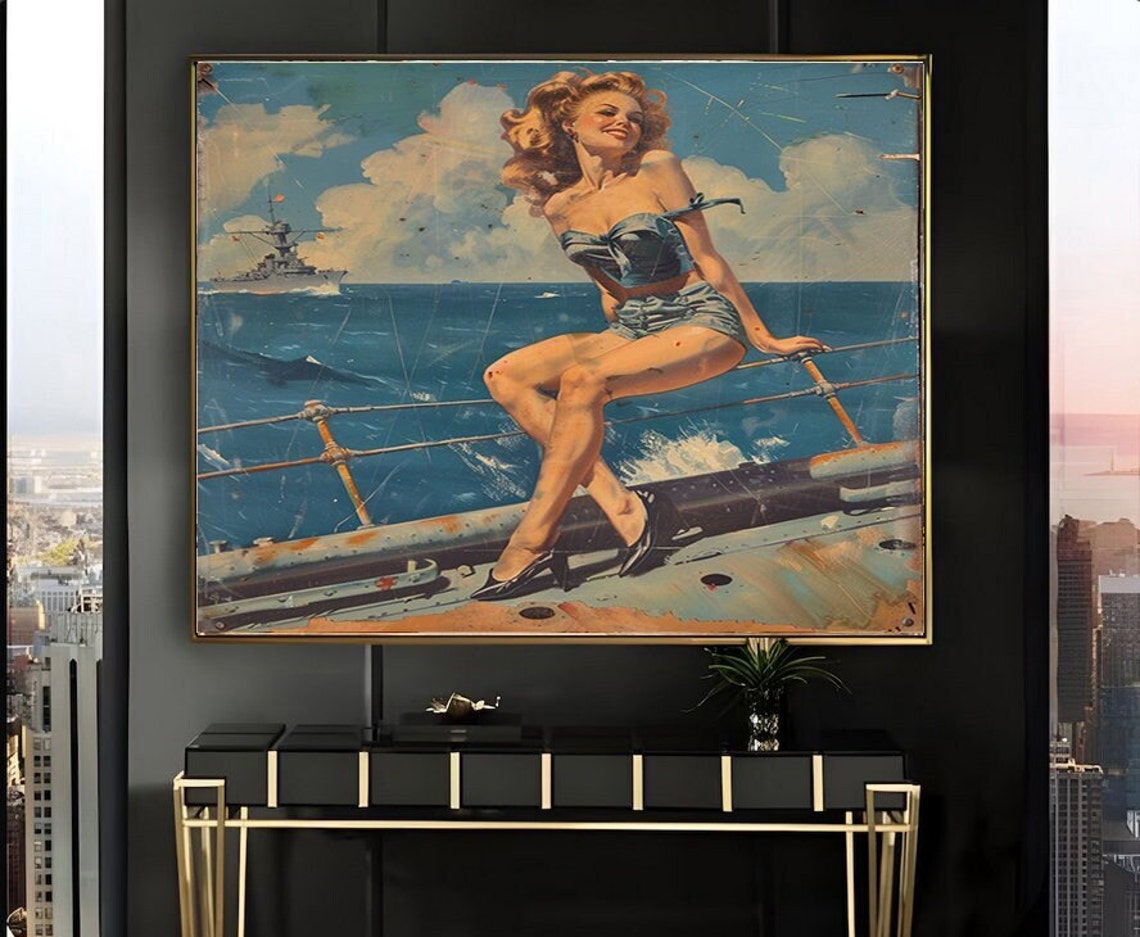 Pinup Girl Leaning Back on a Ship's Rail Vintage Style Poster