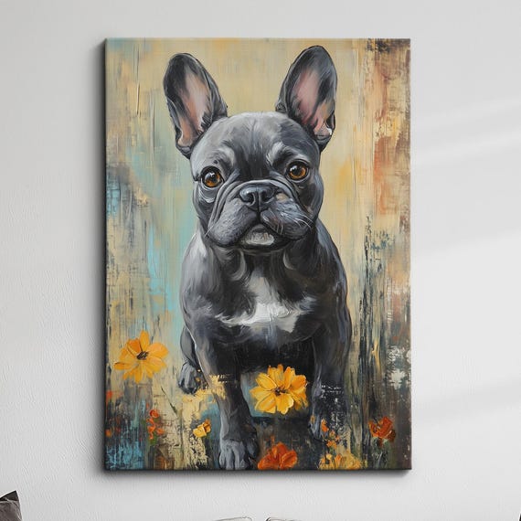 French Bulldog Floral Art Shapes Dog Pet Abstract Modern Painting Wall Oil Framed Canvas Poster Home Kitchen Office Decor