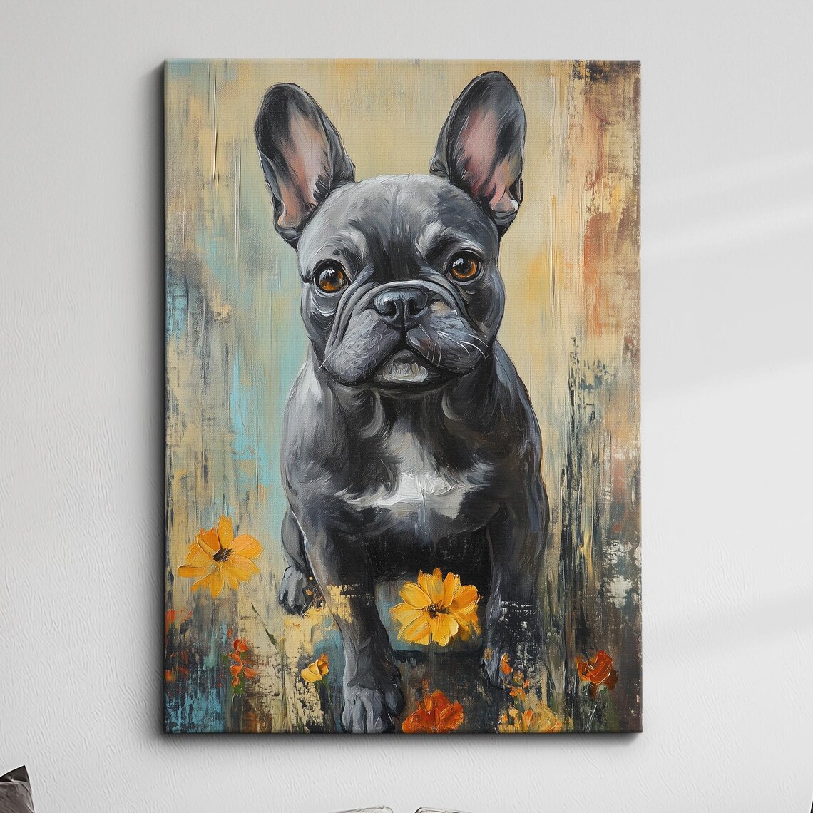 Gray French Bulldog Puppy Among Flowers Vintage Style Art Poster