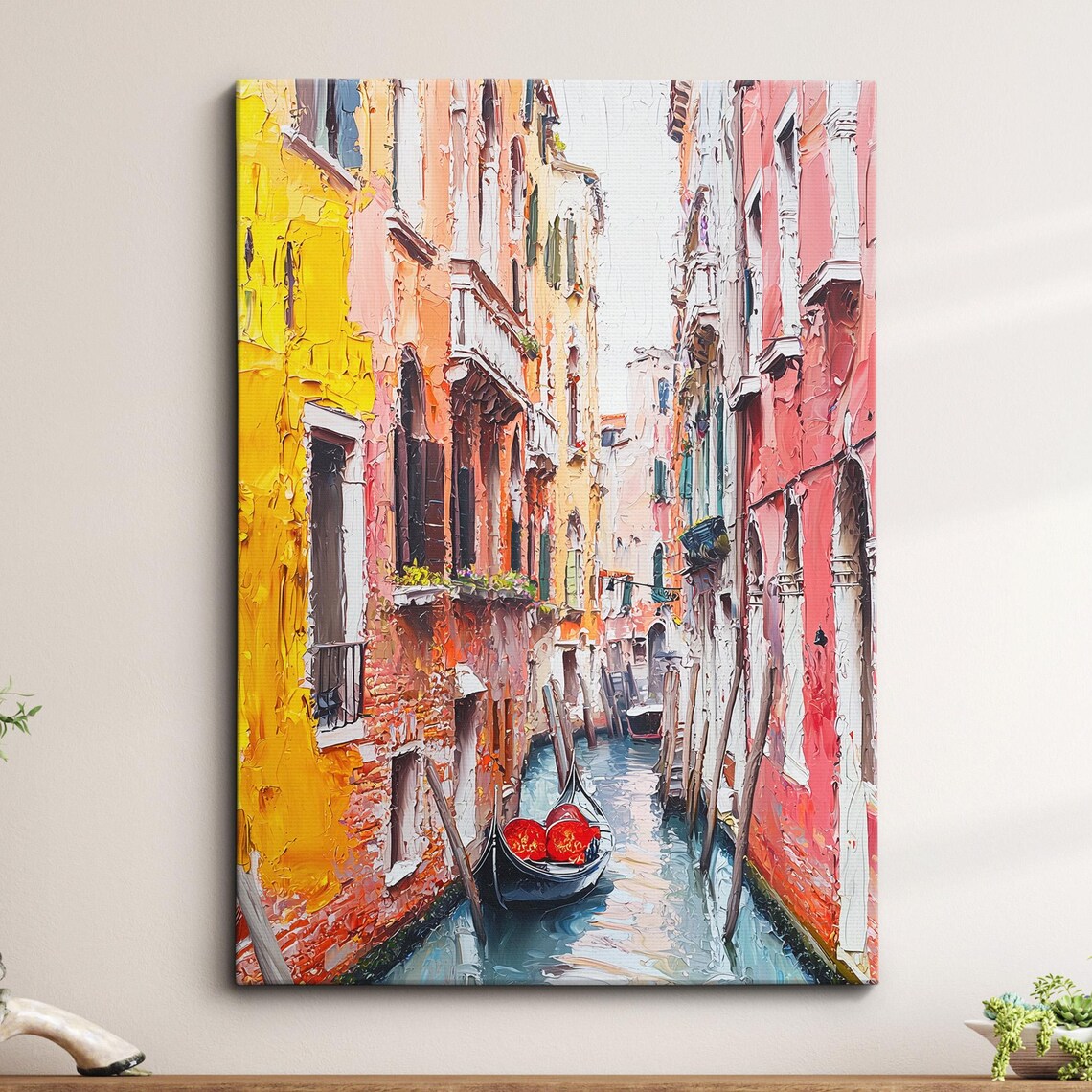 Venice Canal Gondola Colorful Waterfront Buildings Oil Painting Print