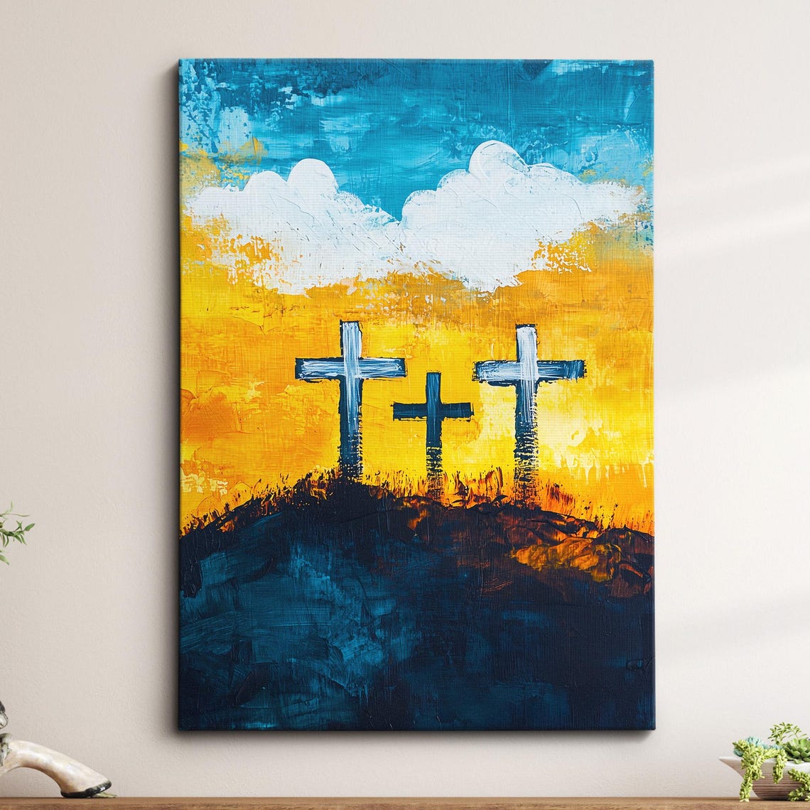 Three Crosses on Calvary Hill Golden Sunset Religious Art Print