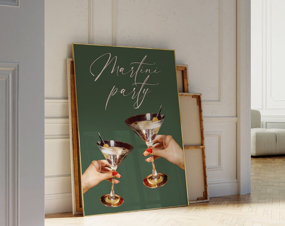 Martini Party Poster Fancy Martini Glass Wall Art Dirty Martini Cocktail Print Trendy Green Wall Art 90s Party Vintage Bar Cart Print - Image 4