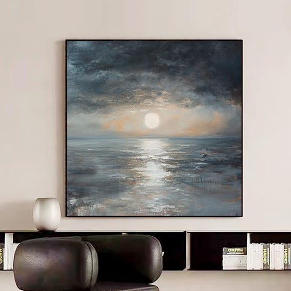 Hand Painted Abstract Oil Painting Sunrise Minimalist Landscape Original Wall Art For Living Room Entryway Dining Room